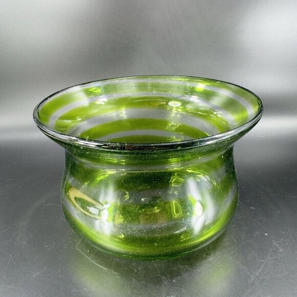 Blenko Art Glass Bowl Planter Flower Pot Hand Blown Green Clear Lines Round Vtg - Picture 9 of 16